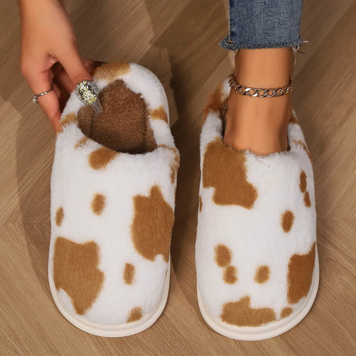 Cow Spotted Plush Warm Non-slip Bedroom Floor Fuzzy Slippers