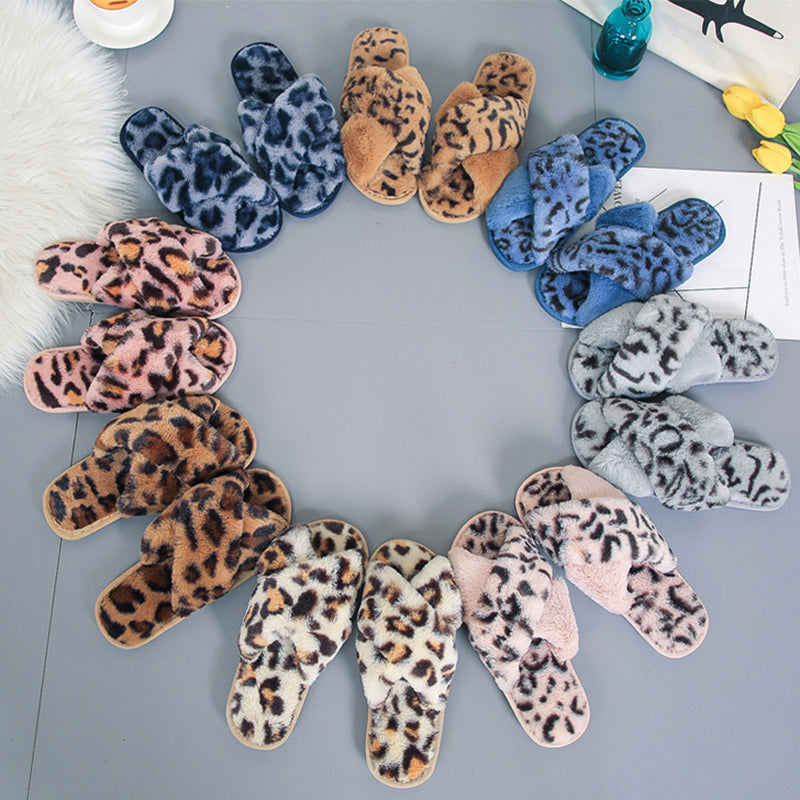 Cross-strap Fuzzy Slippers Leopard Plush House Shoes