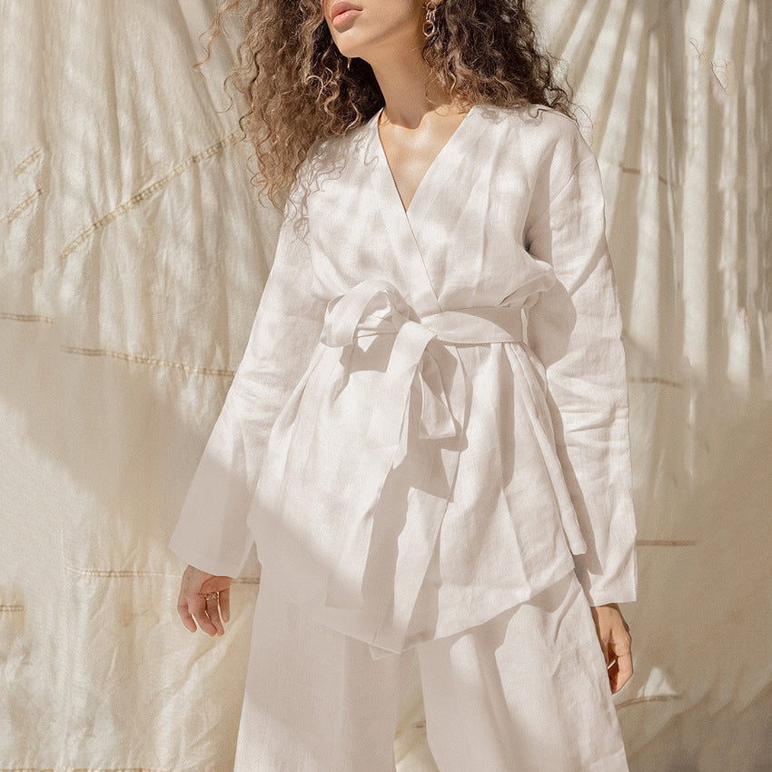 Cotton Linen Women Pajama Robe Sets Lace Up Long Sleeve