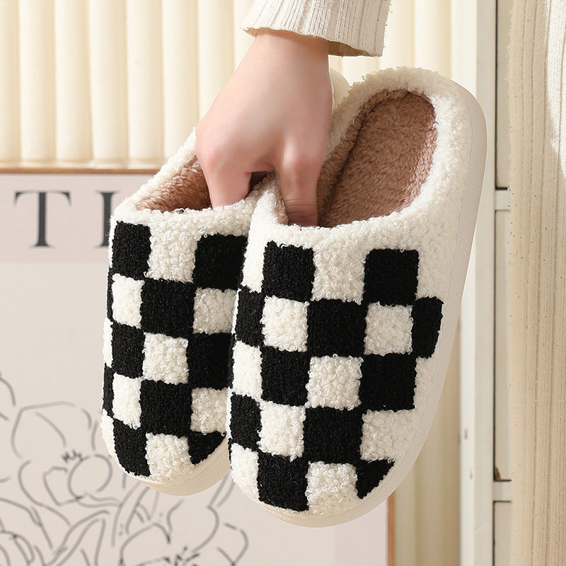 Checkerboard Print Floor Warm Cotton Slippers