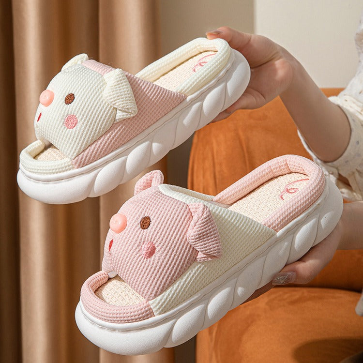 Cute Cartoon Piggy Open Toe Linen Home Slippers