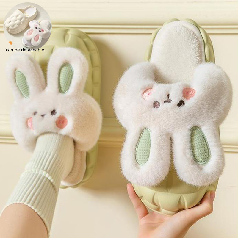 Cute Rabbit Fuzzy Slippers Women Detachable Washable House Shoes