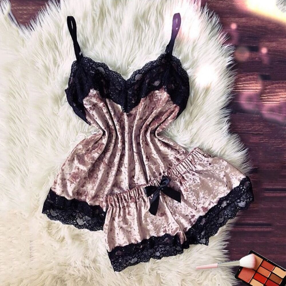 Gold Velvet Shorts Lace Pajamas