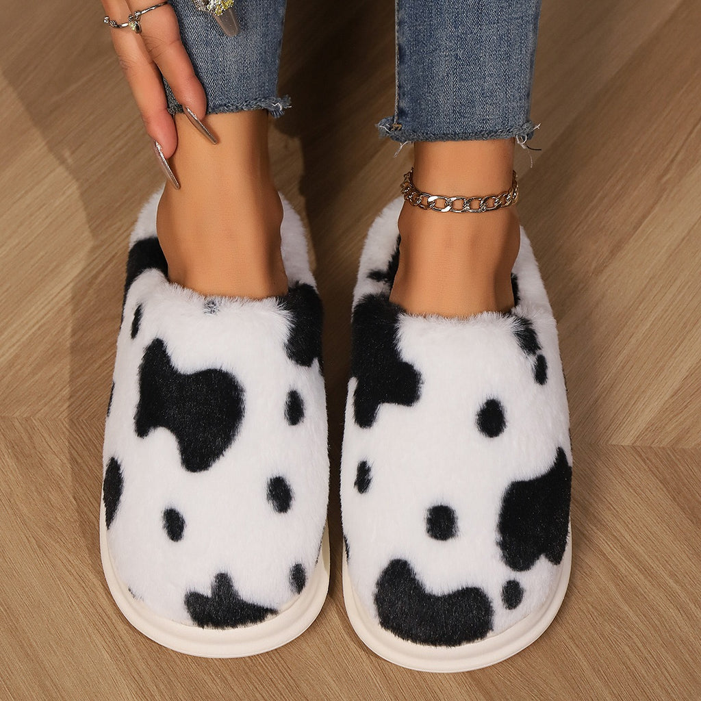 Cow Spotted Plush Warm Non-slip Bedroom Floor Fuzzy Slippers