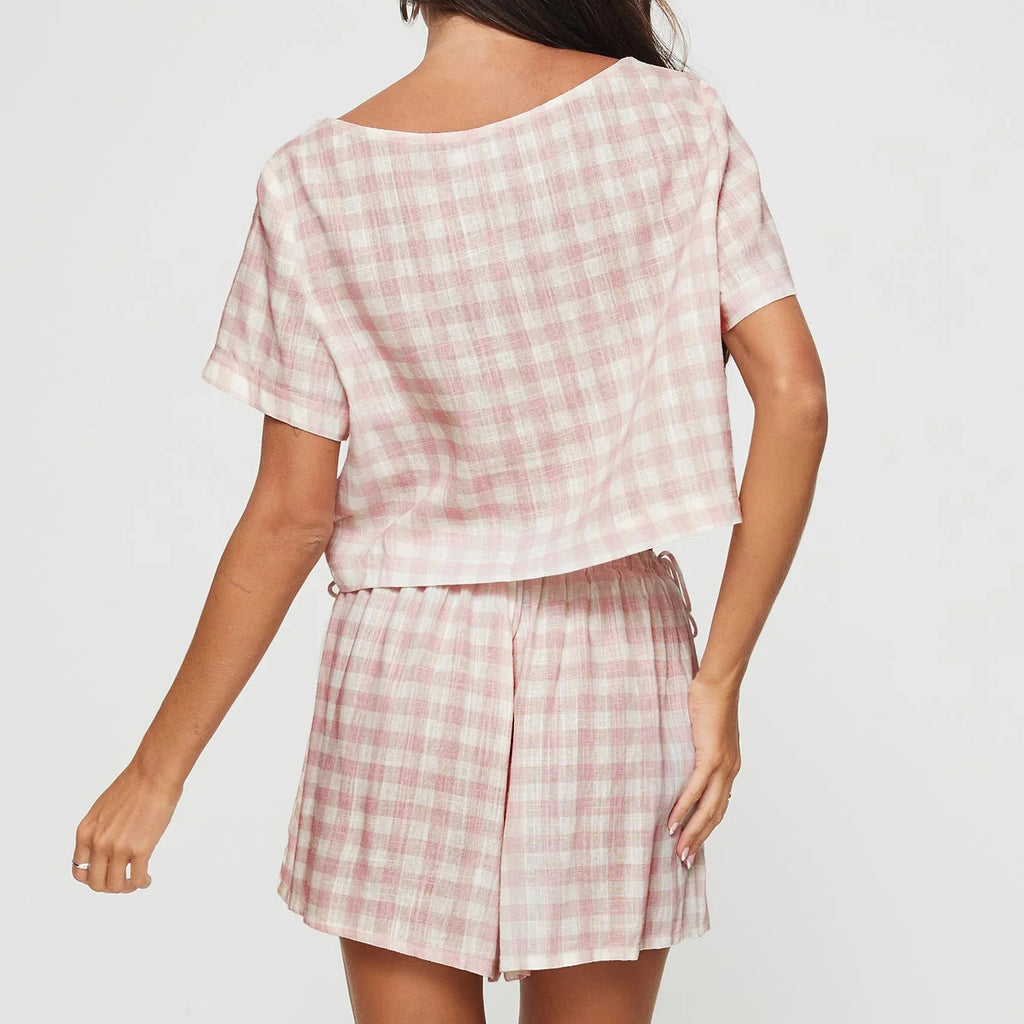 Pink Plaid Bowknot Lounge Pajama Set