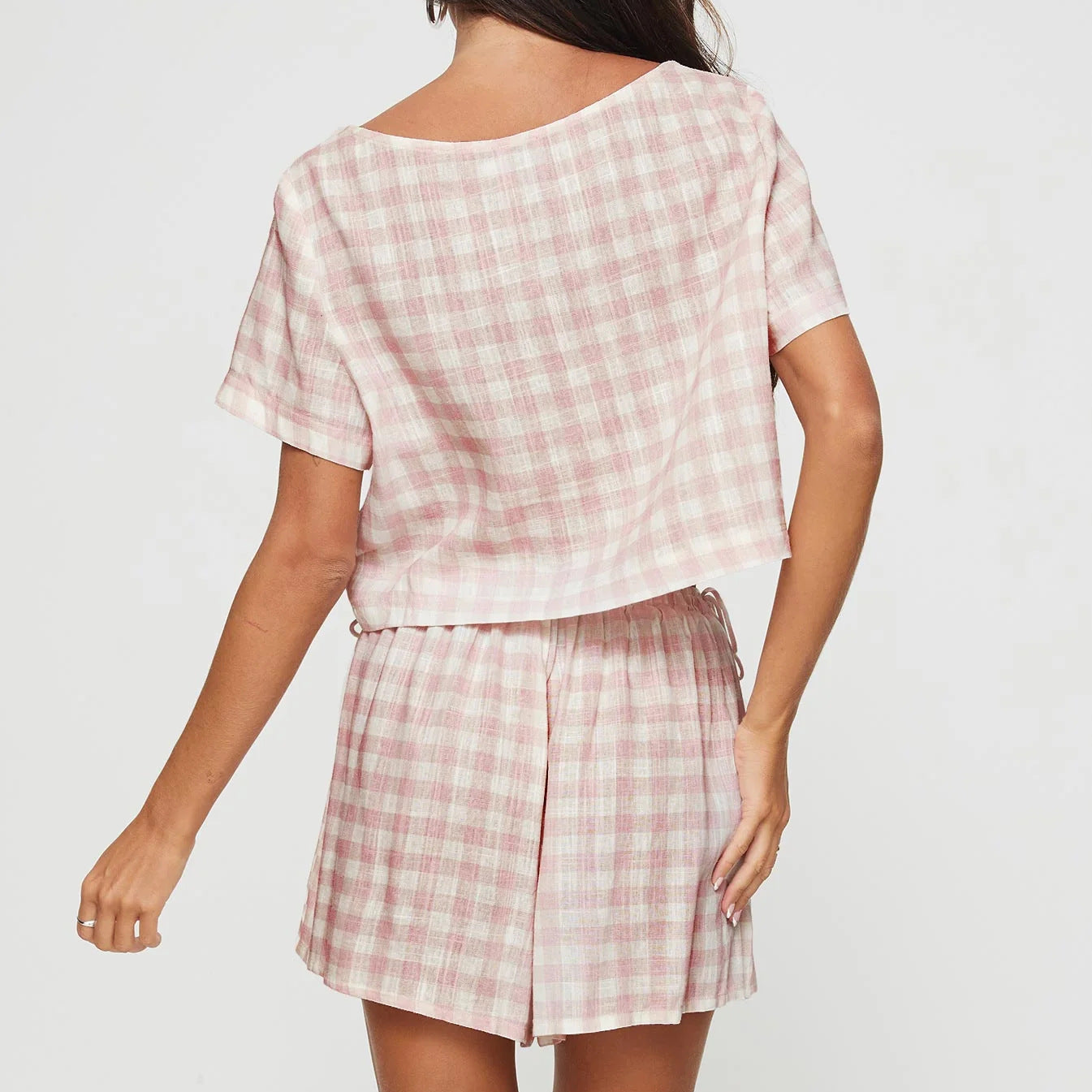 Pink Plaid Bowknot Lounge Pajama Set