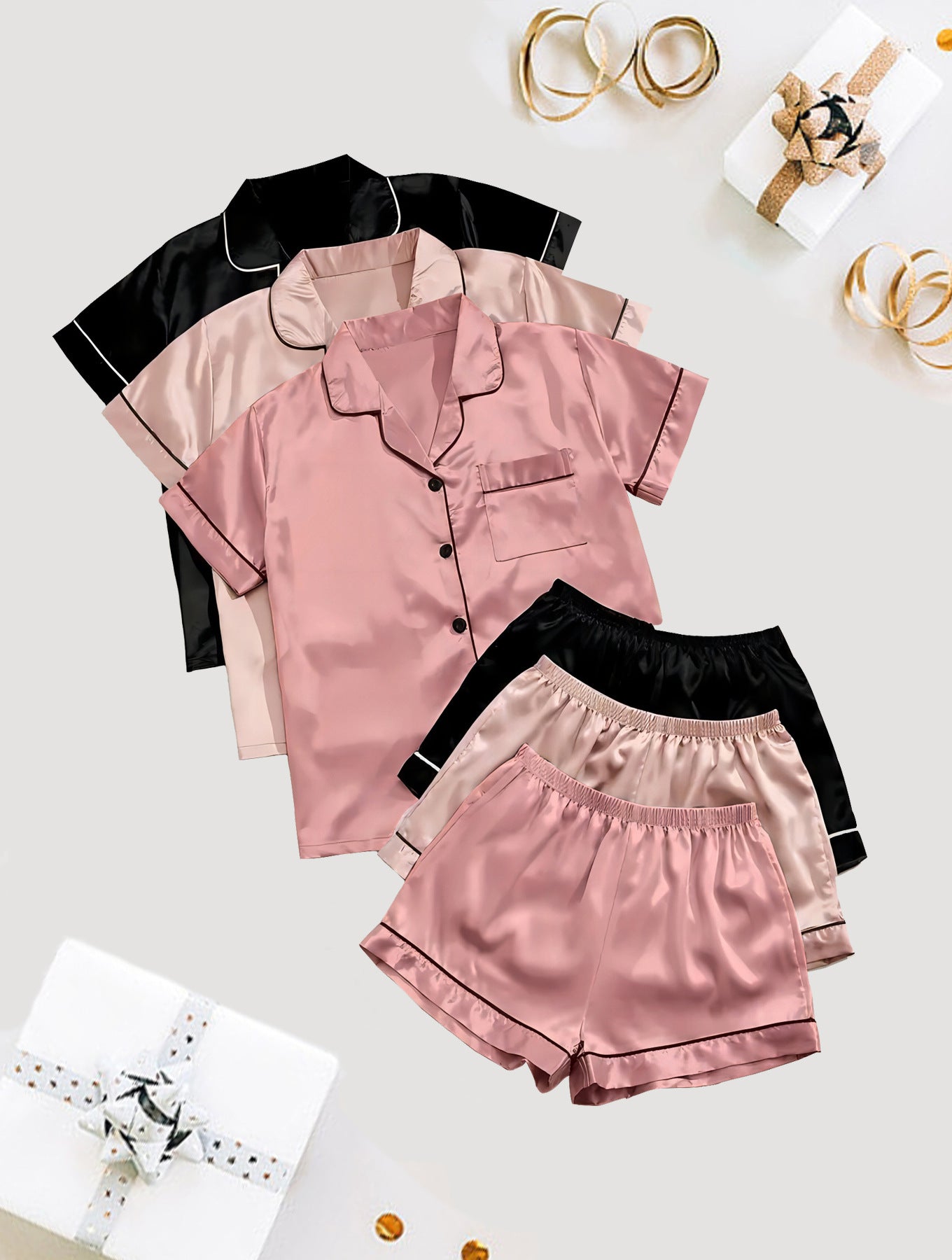 Short-sleeve Satin Three-piece Pajama Sets