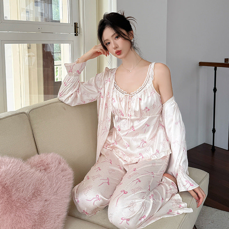 Silk Pajama Set Bow-Detailed Print Long Sleeves 3-Piece Set