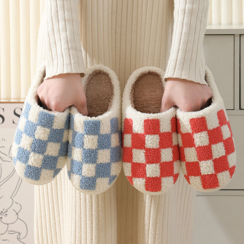 Checkerboard Print Floor Warm Cotton Slippers
