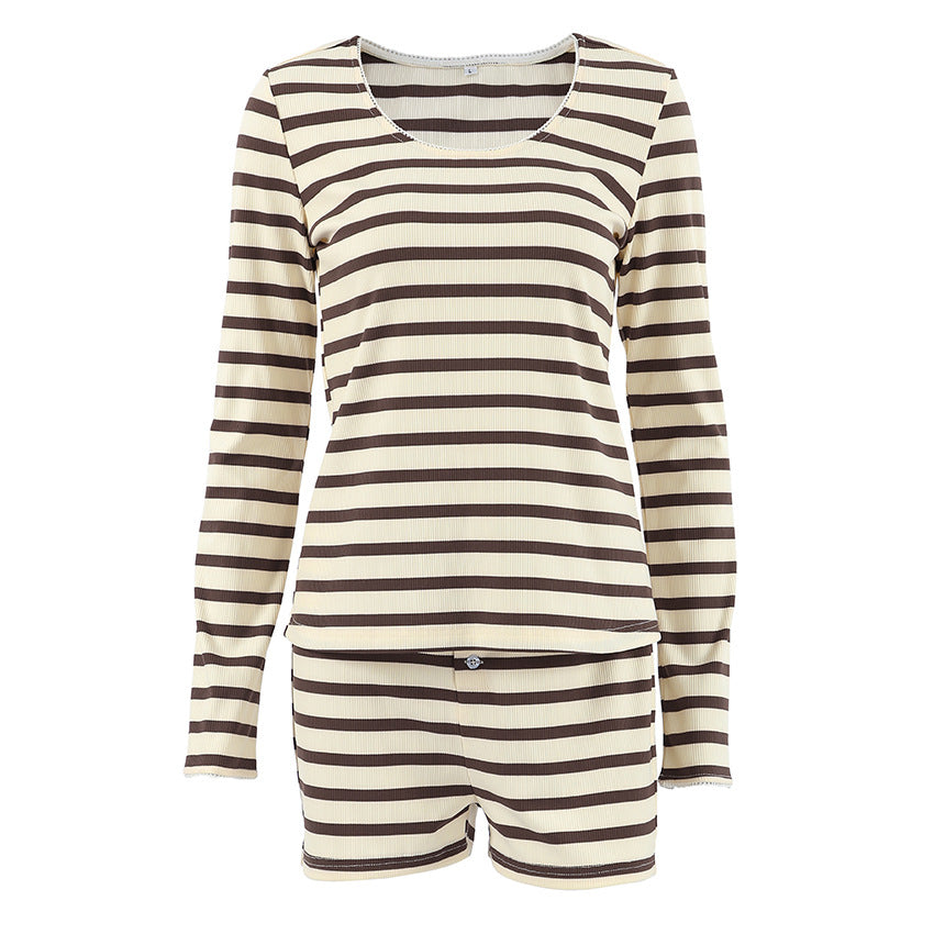 Striped Euro-Chic Crew-Neck Long-Sleeve Shorts Knitted Pajamas