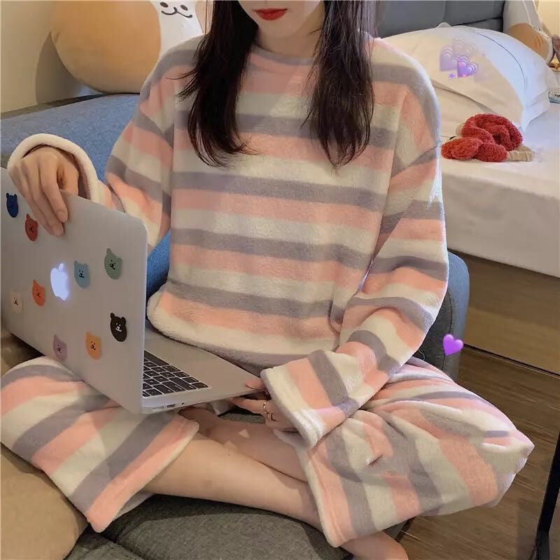 Flannel Long Sleeve Thicken Plus Fleece Homewear