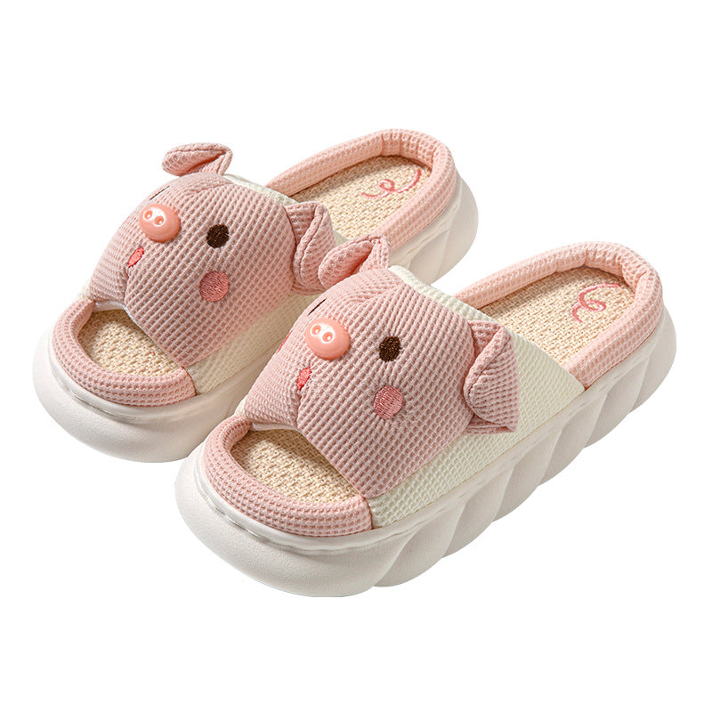 Cute Cartoon Piggy Open Toe Linen Home Slippers