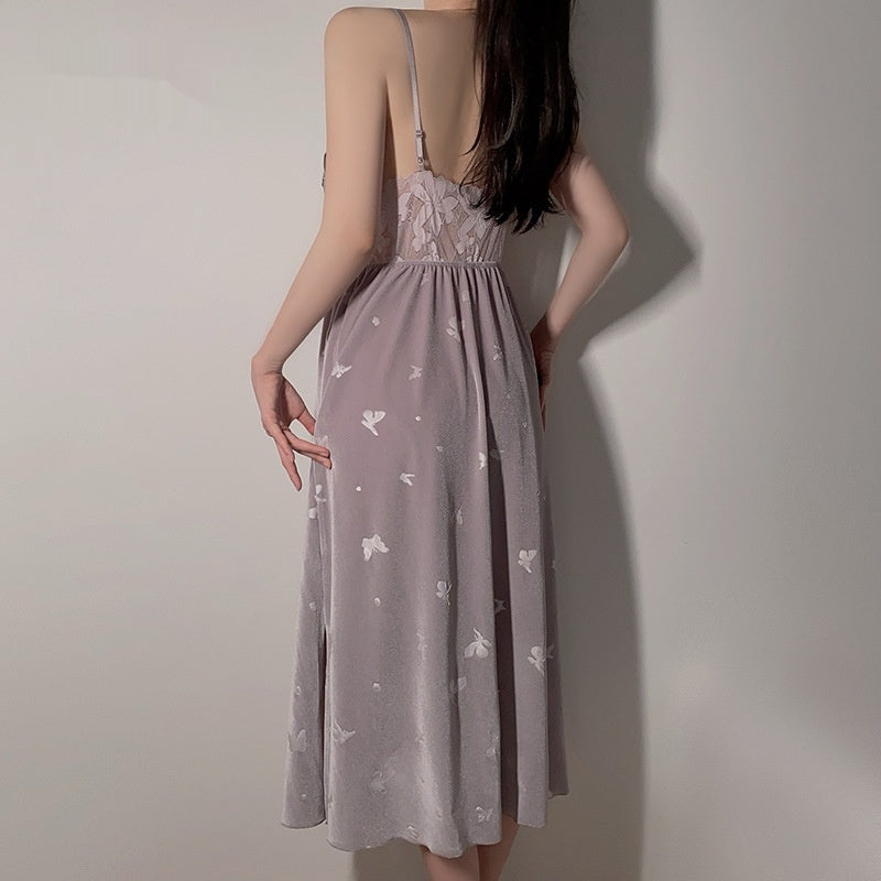 Deep V Push Up With Chest Pad Velvet Spaghetti Straps Nightdress Gown