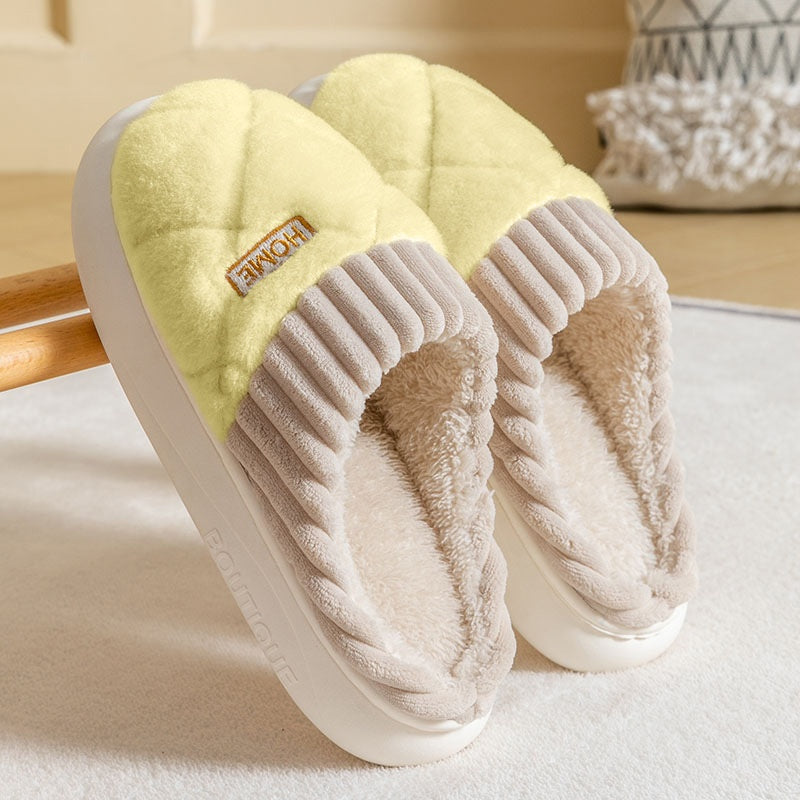 Rhombic Sewing Plush Slippers Winter Warm Non-slip House Shoes