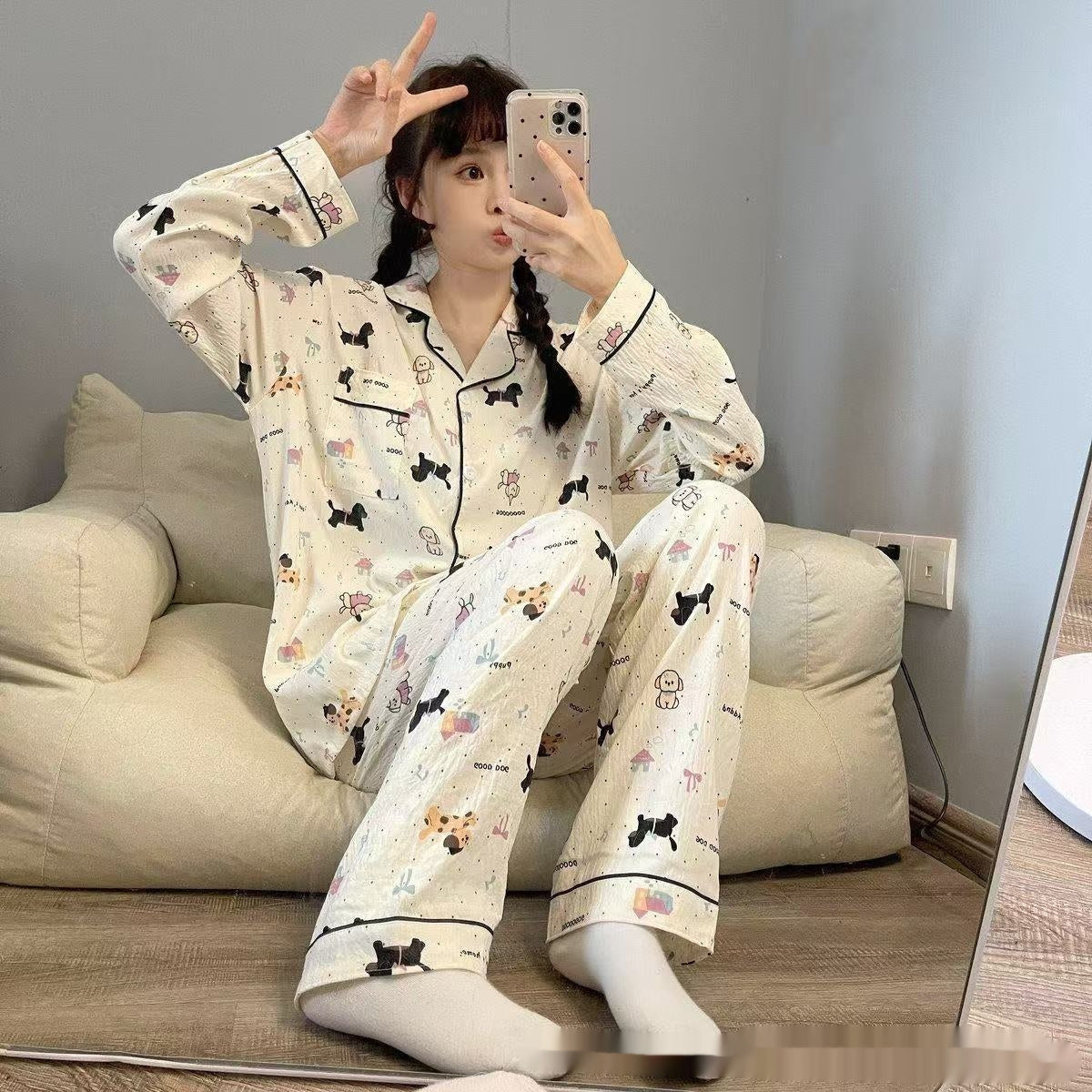 Graphic Long Sleeve Pajama Cardigan Lounge Set