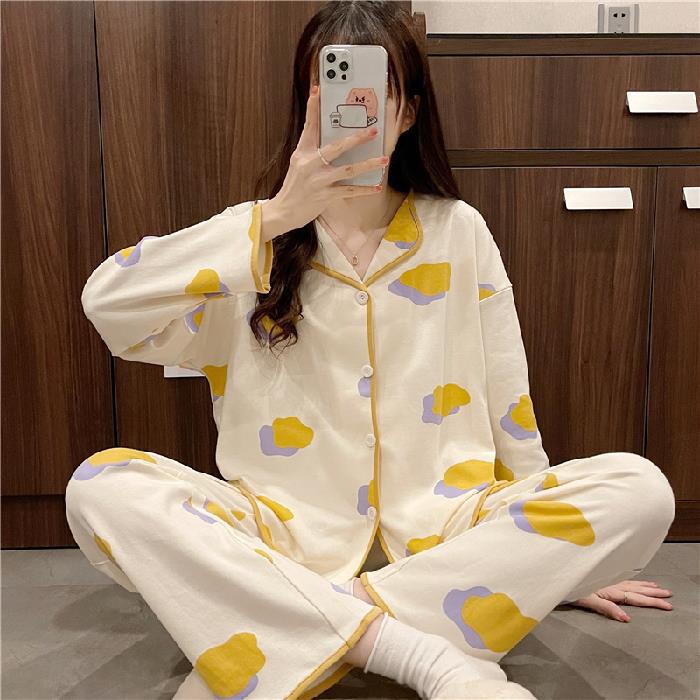 Cute Comfy Long-sleeved Simple Loose Pajamas