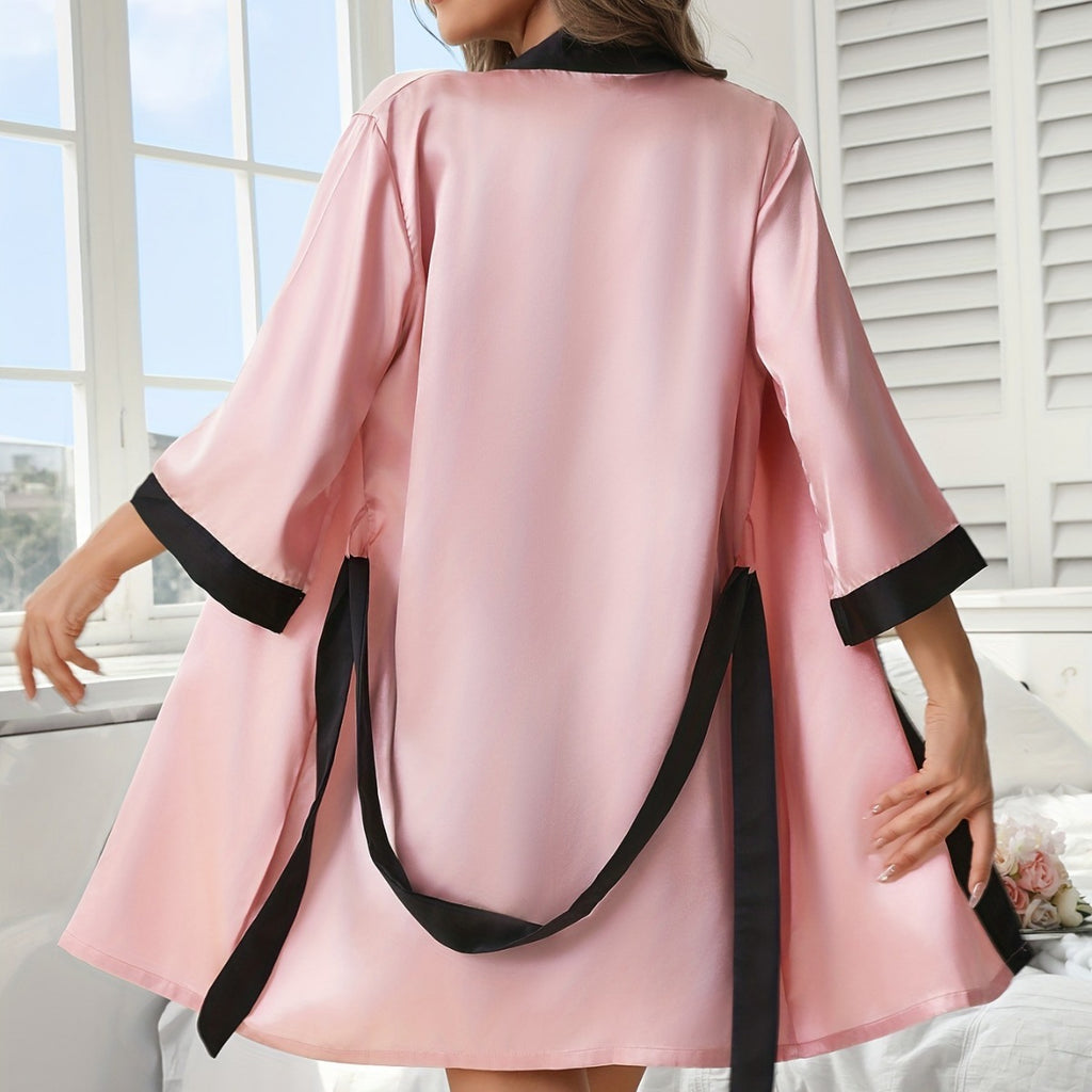 Faux Silk Bathrobe And Pajama Two-Piece