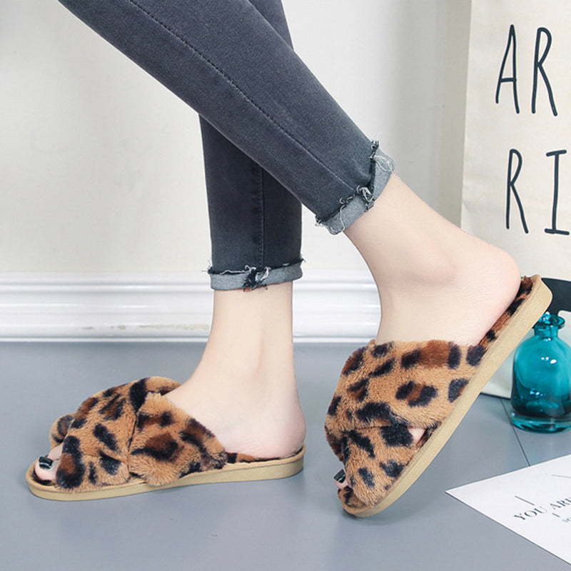 Cross-strap Fuzzy Slippers Leopard Plush House Shoes