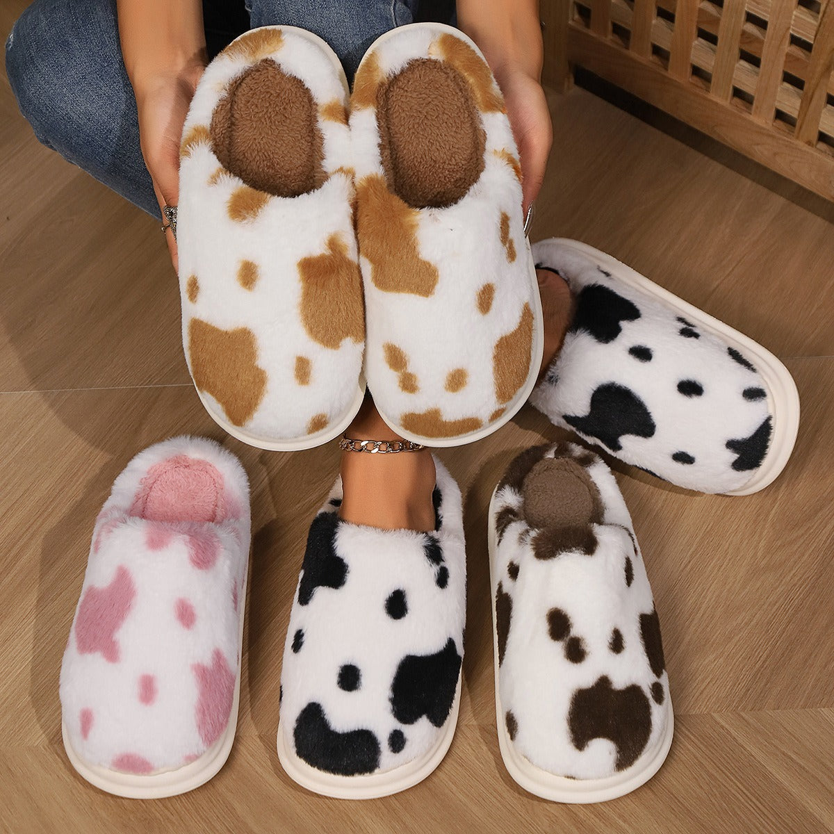 Cow Spotted Plush Warm Non-slip Bedroom Floor Fuzzy Slippers