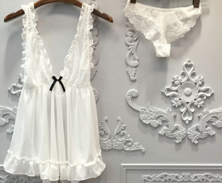 Sexy Lace Deep V Nightgown+Pantie Set