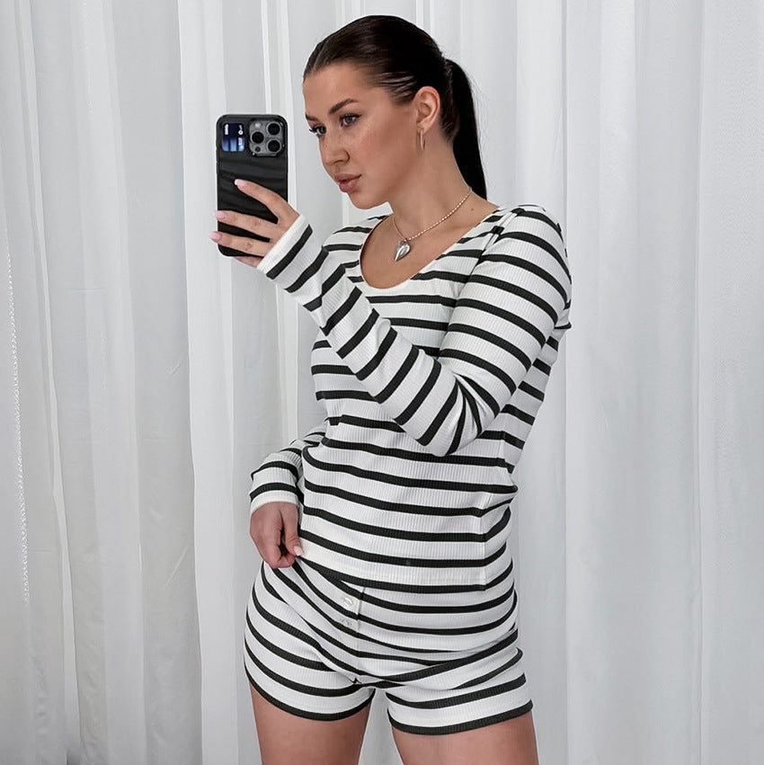 Striped Euro-Chic Crew-Neck Long-Sleeve Shorts Knitted Pajamas