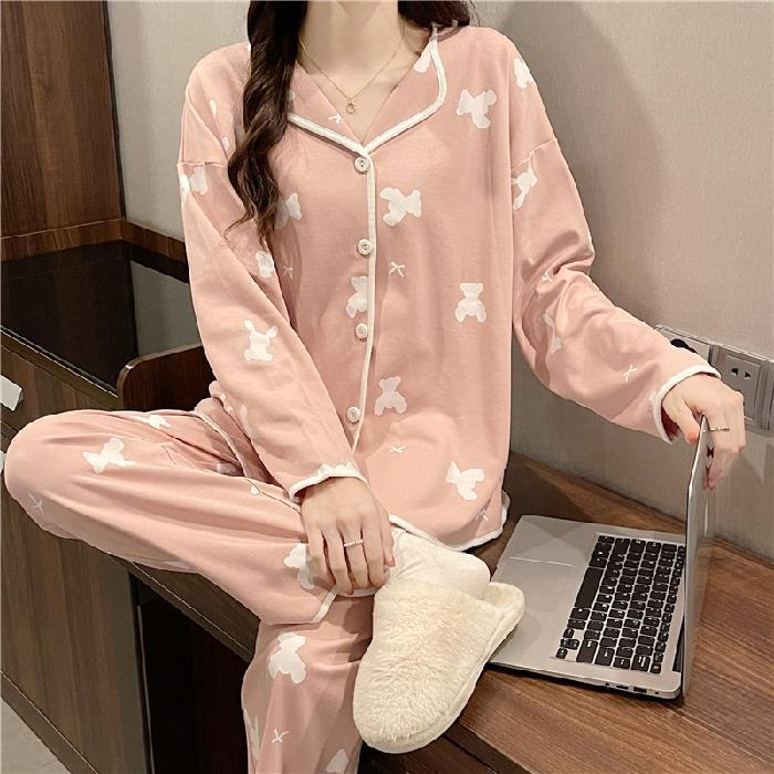 Cute Comfy Long-sleeved Simple Loose Pajamas