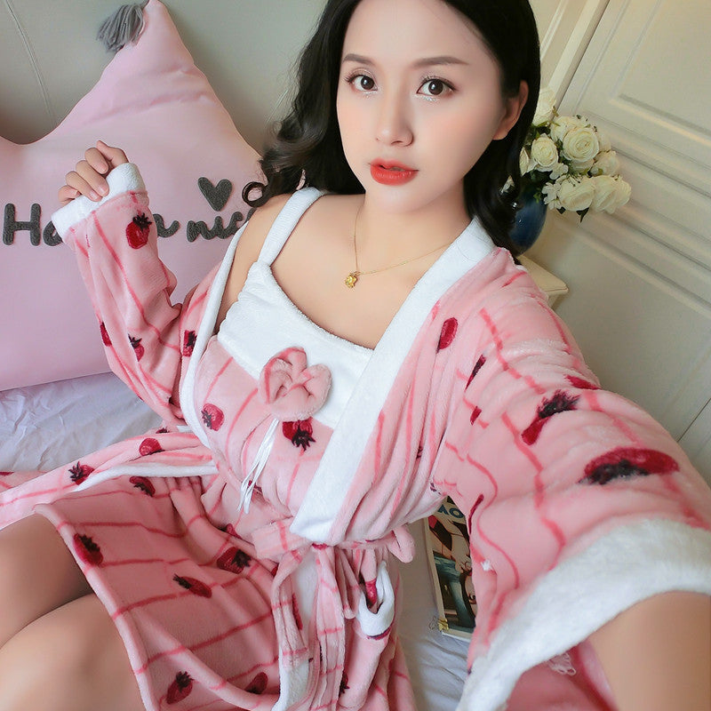 Thick Warm Long-sleeved Nightgown With Two-piece Suspenders
