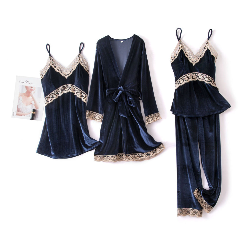 Sexy Sling Velvet 4-Piece Long-Sleeved Nightgown With Chest Pad