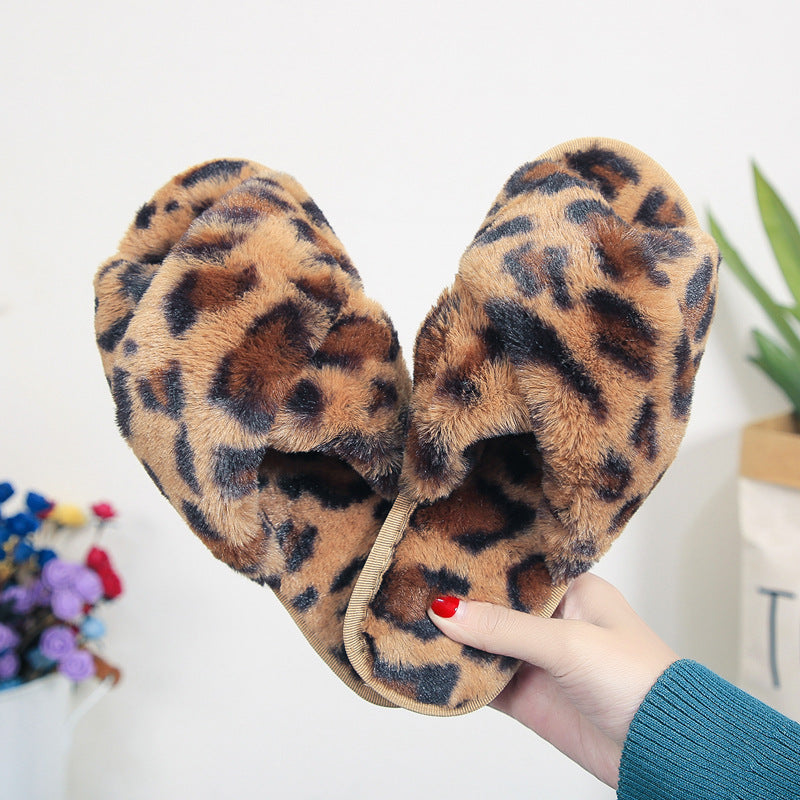 Cross-strap Fuzzy Slippers Leopard Plush House Shoes