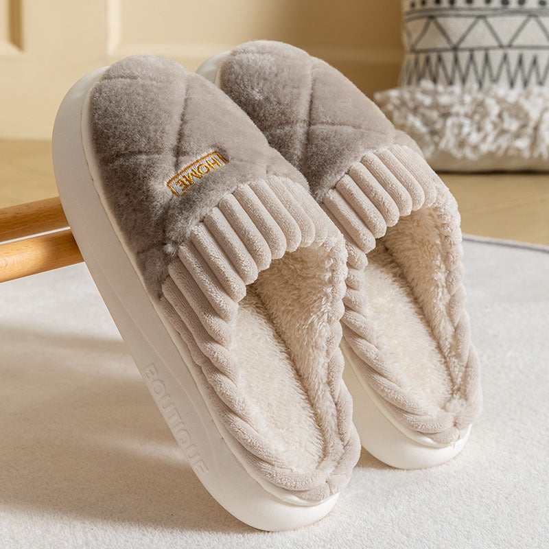 Rhombic Sewing Plush Slippers Winter Warm Non-slip House Shoes