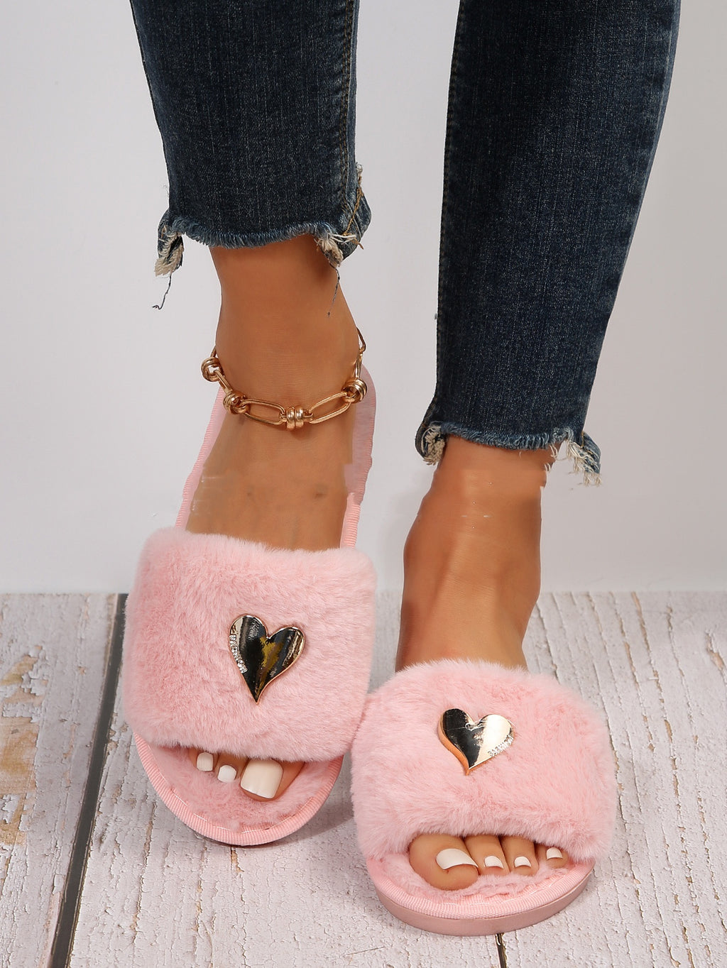 Fluffy Plush Heart Emblem Flip Flops