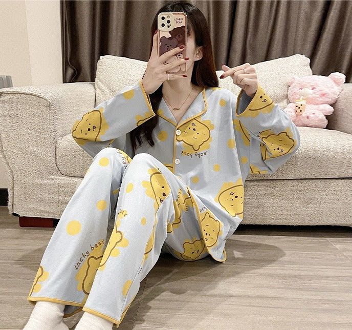 Cute Comfy Long-sleeved Simple Loose Pajamas