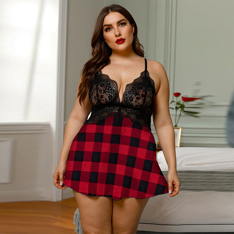 Women's Plus Size Deep V-neck Lace Stitching Pajama Dress