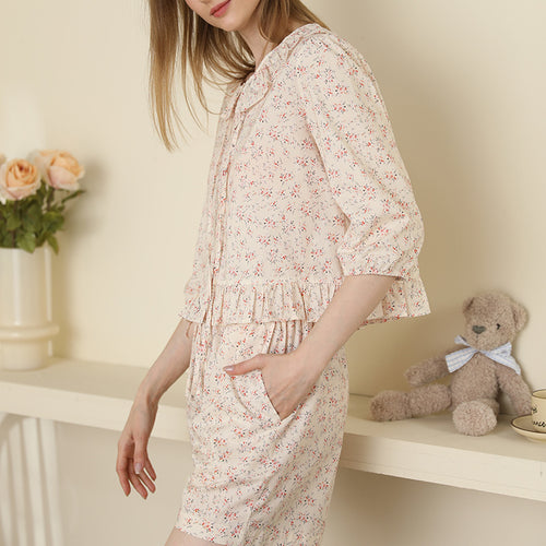 Cute Small Floral Cardigan Lace Collar Cotton Pajamas