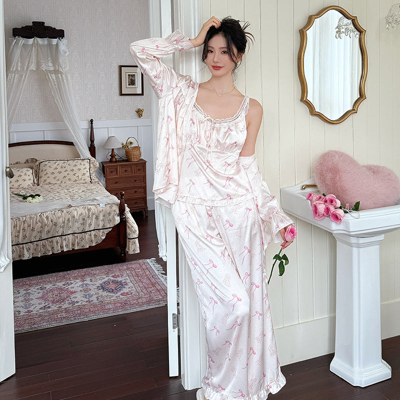 Silk Pajama Set Bow-Detailed Print Long Sleeves 3-Piece Set