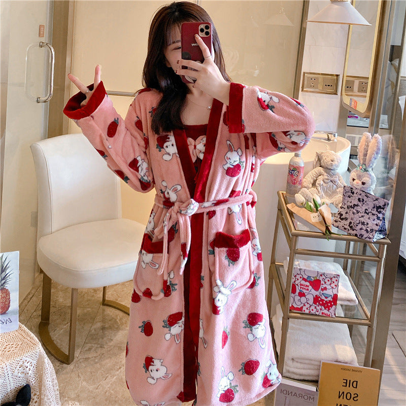 Thick Warm Long-sleeved Nightgown With Two-piece Suspenders