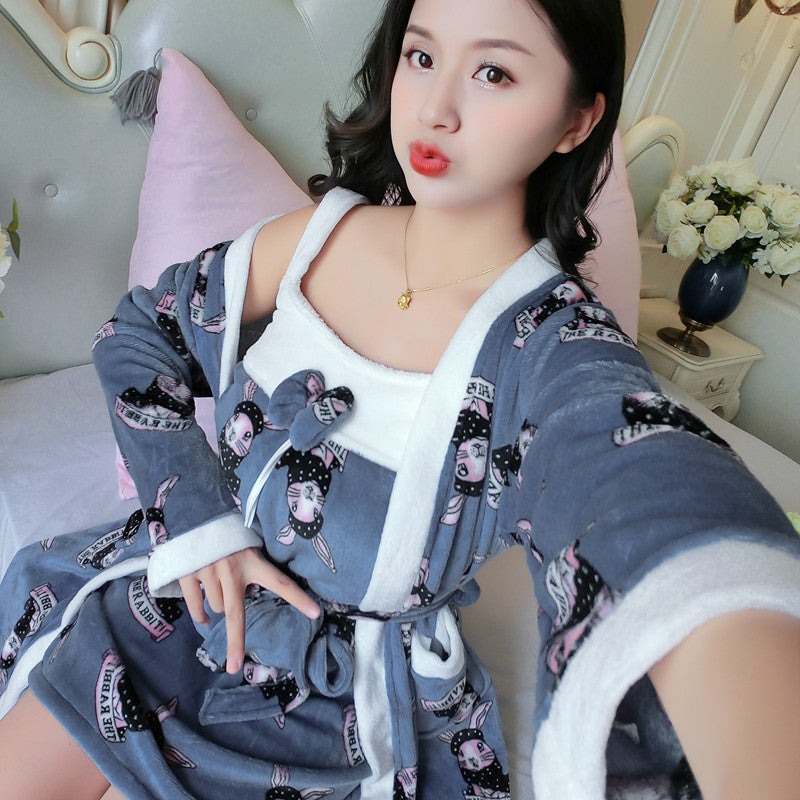Thick Warm Long-sleeved Nightgown With Two-piece Suspenders