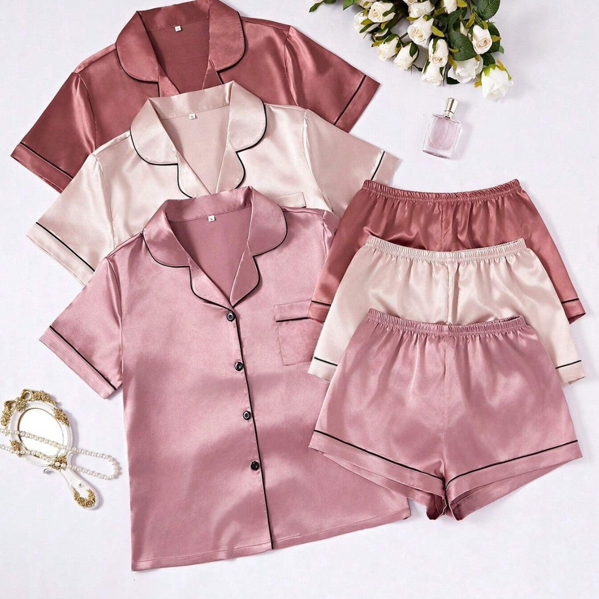 Short-sleeve Satin Three-piece Pajama Sets