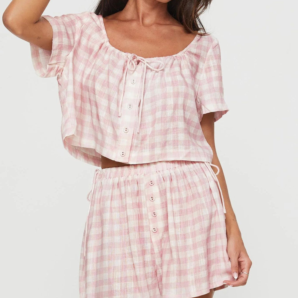 Pink Plaid Bowknot Lounge Pajama Set
