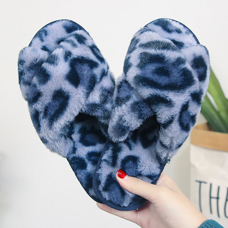 Cross-strap Fuzzy Slippers Leopard Plush House Shoes