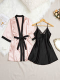 Faux Silk Bathrobe And Pajama Two-Piece