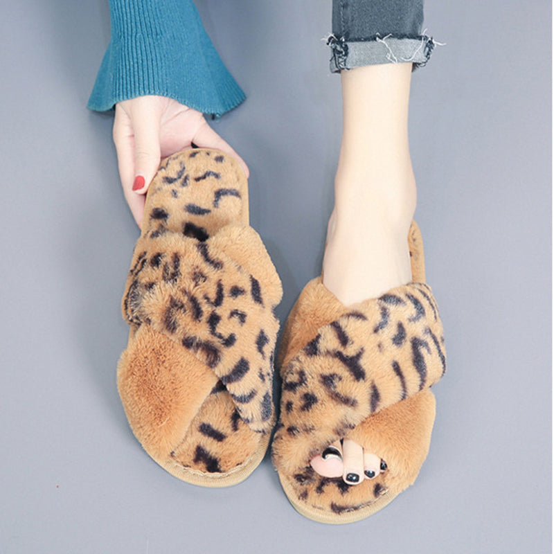 Cross-strap Fuzzy Slippers Leopard Plush House Shoes