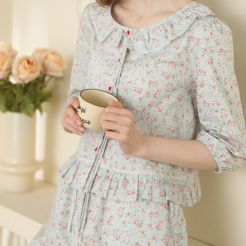 Cute Small Floral Cardigan Lace Collar Cotton Pajamas