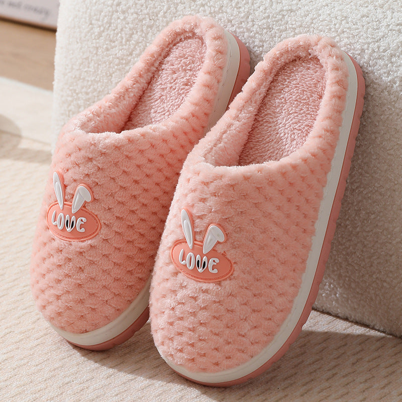 Plaid Cute Rabbit Design Home Slippers Winter Warm Thick-soled Cotton House Shoes