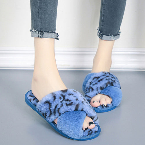 Cross-strap Fuzzy Slippers Leopard Plush House Shoes