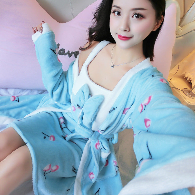 Thick Warm Long-sleeved Nightgown With Two-piece Suspenders