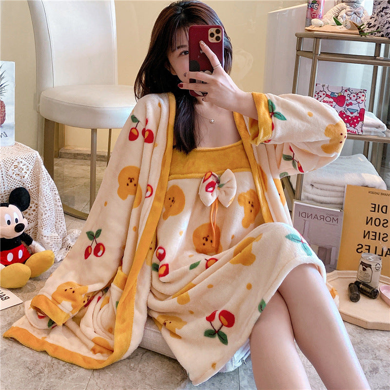Thick Warm Long-sleeved Nightgown With Two-piece Suspenders