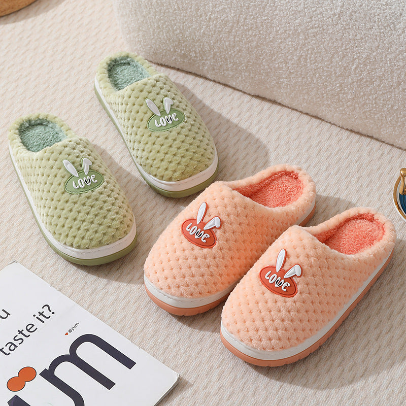 Plaid Cute Rabbit Design Home Slippers Winter Warm Thick-soled Cotton House Shoes