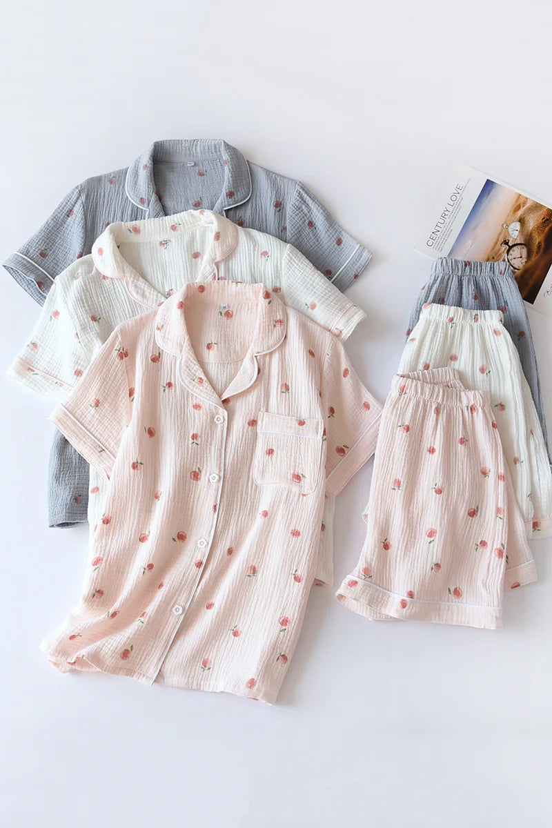 Ladies Short-sleeved Shorts 100% Cotton Crepe Cloth Thin Home Service Two-piece Set
