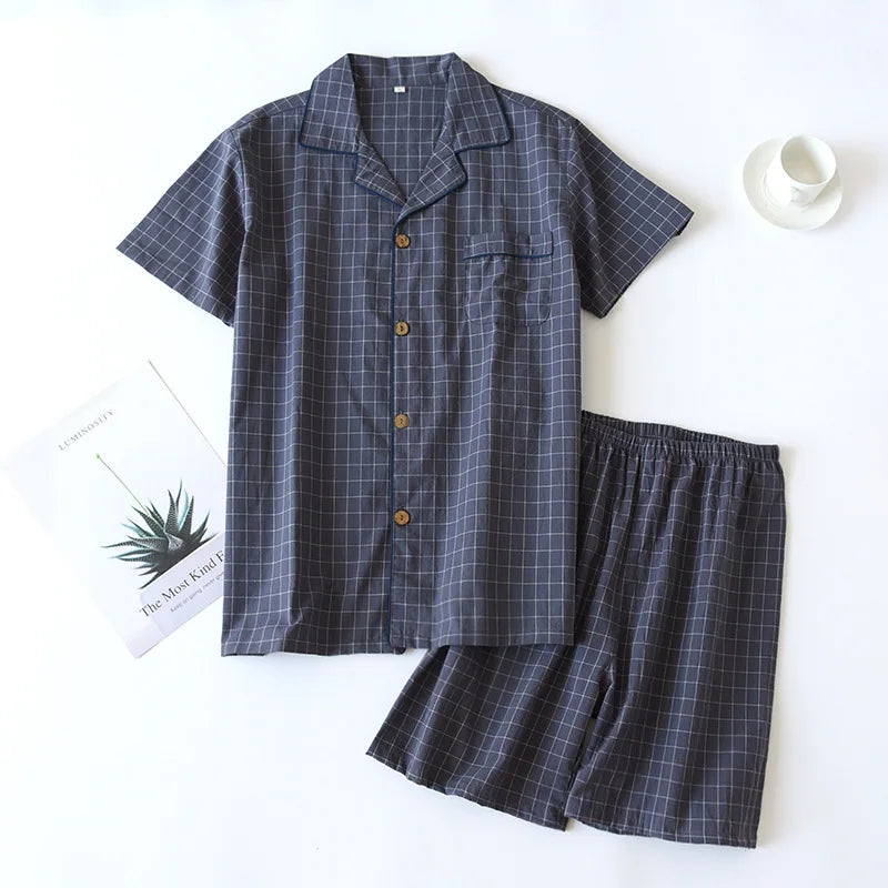 Spring New Couple Pajamas Two-Piece Plaid Short-Sleeved Shorts 100% Cotton Gauze Sleepwear